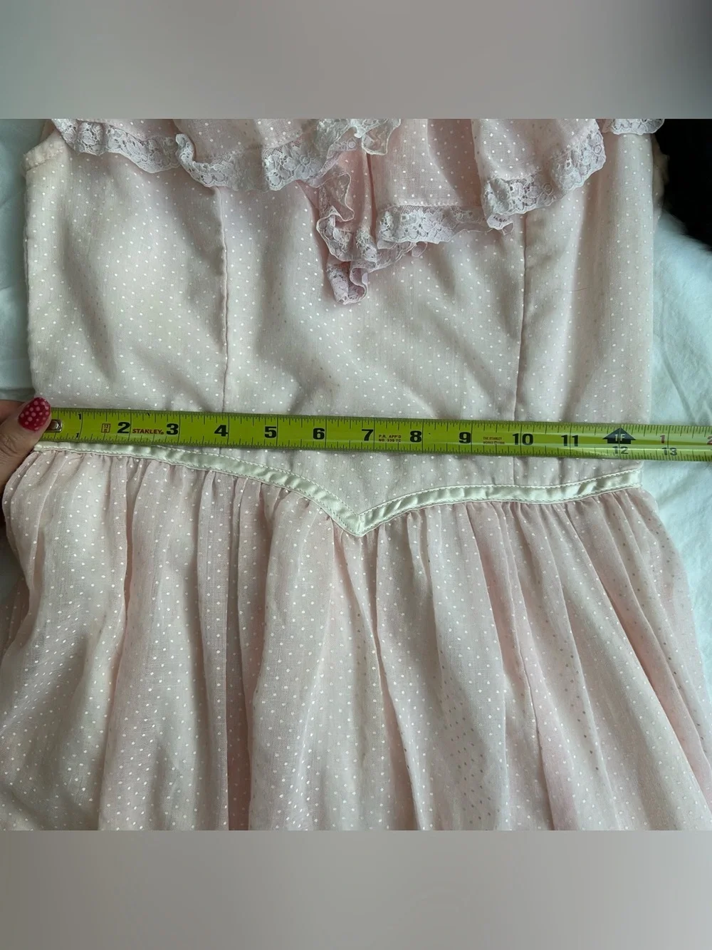 Gunne Sax Pink Polka Dot Lace Dress with Pearl Trim High Victorian Neckline - Picture 7 of 9